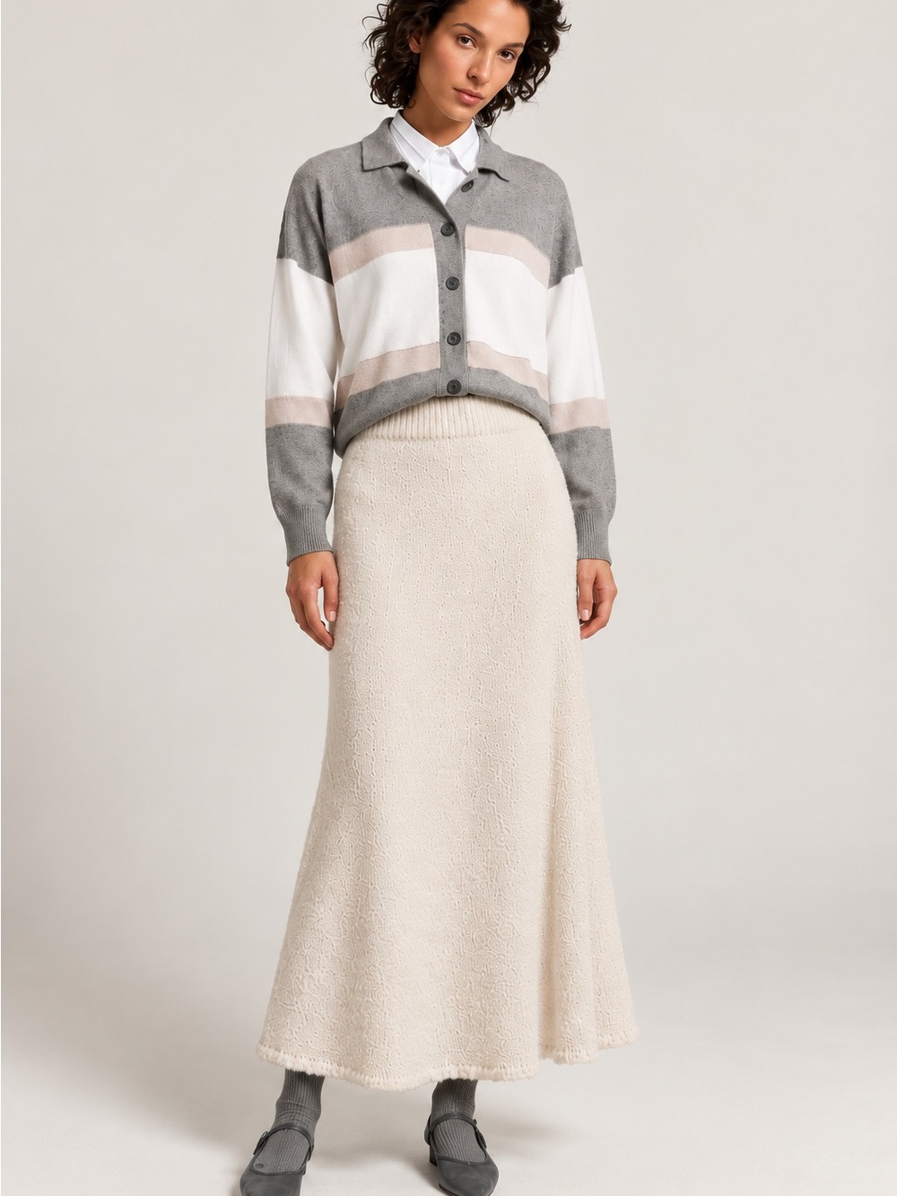 Stylein 💯 Wool Cream Knit Maxi Skirt Elastic Waist Size S